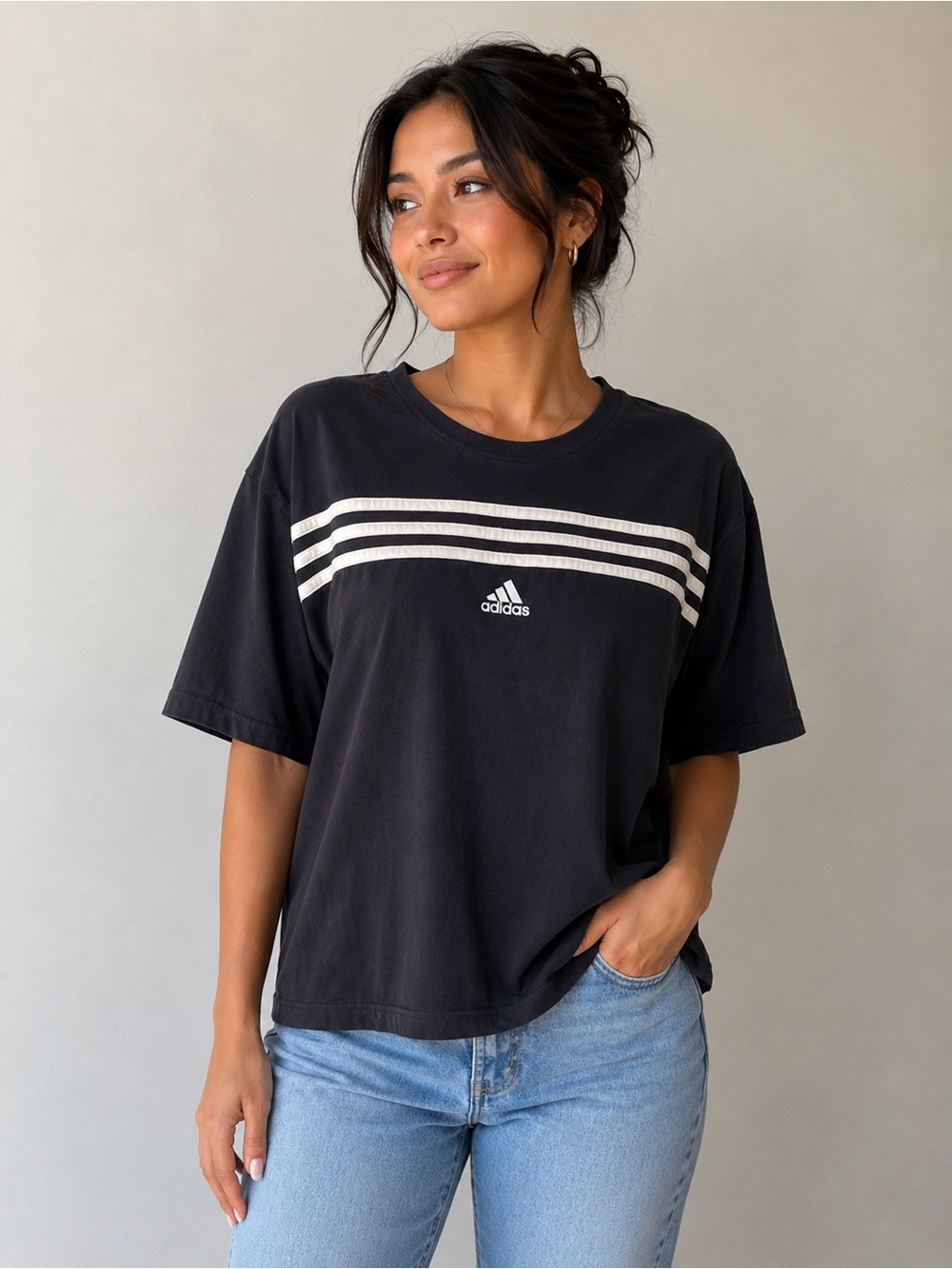 Adidas Black Tee with White Stripes and Logo Short Sleeve Athleisure Top. Sz XL